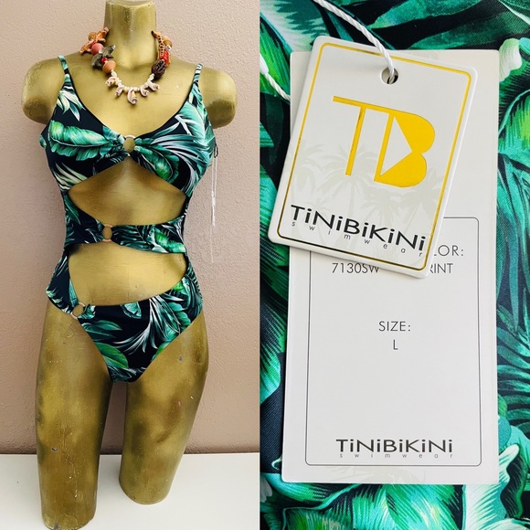 TINIBIKINI Swimwear NWT Cut-Out MONOKINI Palm Leaf Tropical Swimsuit Size Large - Picture 1 of 12